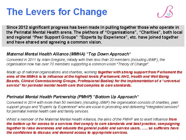 The Levers for Change Since 2012 significant progress has been made in pulling together