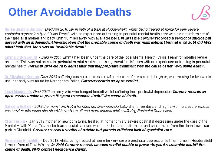 Other Avoidable Deaths Nurse Joanne Bingley Died Apr 2010 lay in path of a