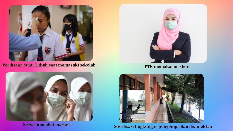 Periksaan Suhu Tubuh saat memasuki sekolah Siswa memakai masker PTK memakai masker Sterilisasi lingkungan