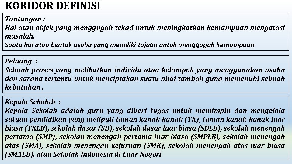 KORIDOR DEFINISI Tantangan : Hal atau objek yang menggugah tekad untuk meningkatkan kemampuan mengatasi