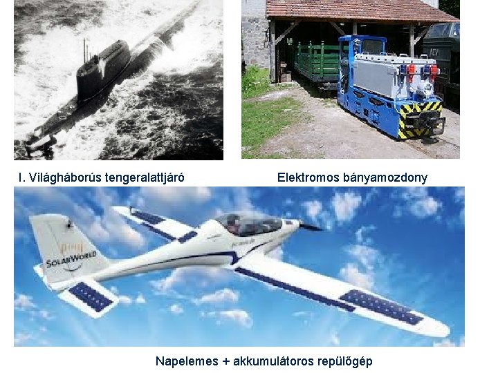 I. Világháborús tengeralattjáró Elektromos bányamozdony Napelemes + akkumulátoros repülőgép I. Világháborús tengeralattjáró Elektromos bányamozdony Napelemes + akkumulátoros repülőgép