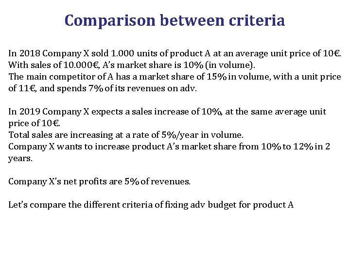 Comparison between criteria In 2018 Company X sold 1. 000 units of product A