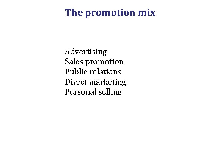 The promotion mix Advertising Sales promotion Public relations Direct marketing Personal selling 