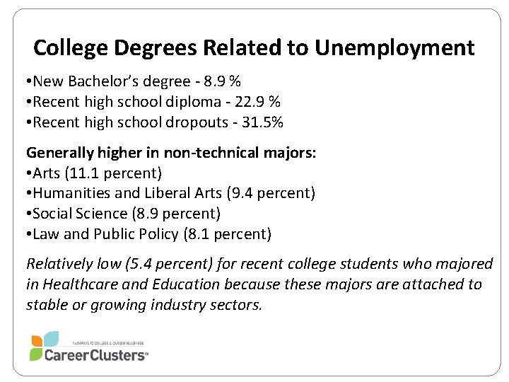 College Degrees Related to Unemployment • New Bachelor’s degree - 8. 9 % •