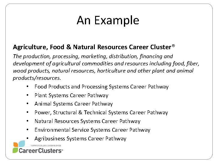 An Example Agriculture, Food & Natural Resources Career Cluster® The production, processing, marketing, distribution,