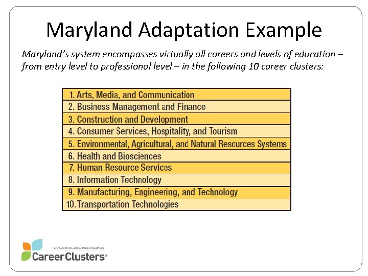Maryland Adaptation Example Maryland’s system encompasses virtually all careers and levels of education –