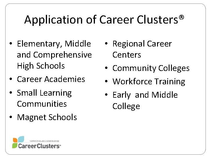 Application of Career Clusters® • Elementary, Middle and Comprehensive High Schools • Career Academies