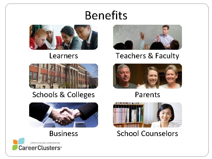 Benefits Learners Teachers & Faculty Schools & Colleges Parents Business School Counselors 