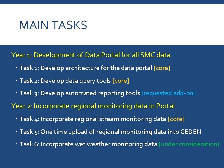 MAIN TASKS Year 1: Development of Data Portal for all SMC data Task 1: