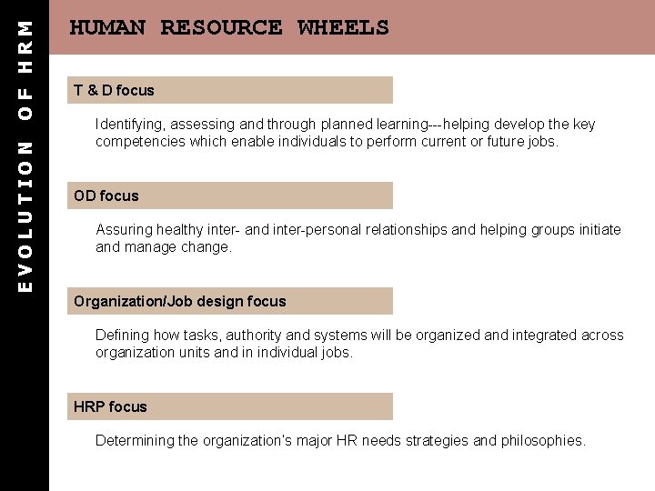 OF HRM EVOLUTION HUMAN RESOURCE WHEELS T & D focus Identifying, assessing and through OF HRM EVOLUTION HUMAN RESOURCE WHEELS T & D focus Identifying, assessing and through