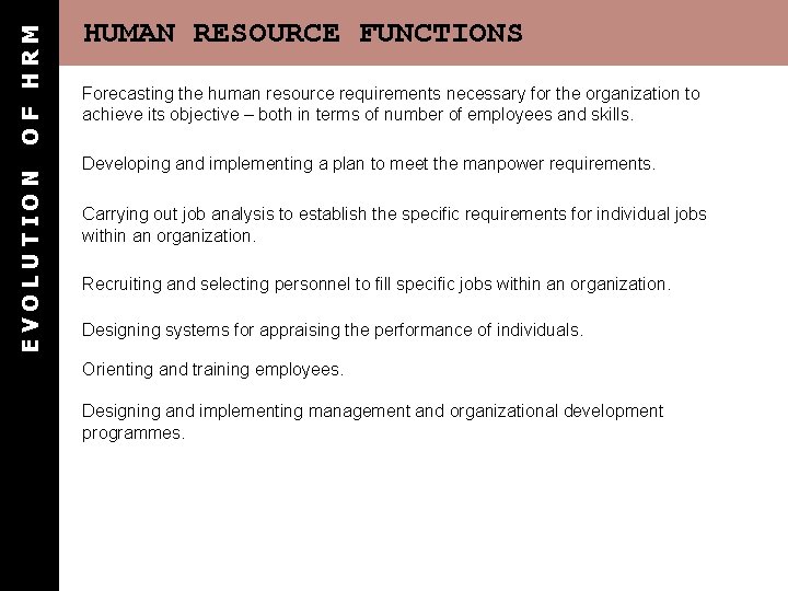 OF HRM EVOLUTION HUMAN RESOURCE FUNCTIONS Forecasting the human resource requirements necessary for the OF HRM EVOLUTION HUMAN RESOURCE FUNCTIONS Forecasting the human resource requirements necessary for the