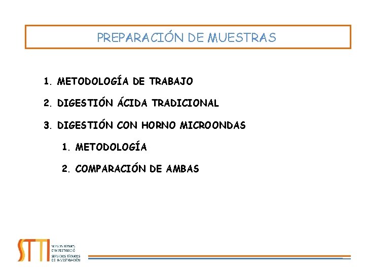 PREPARACIÓN DE MUESTRAS 1. METODOLOGÍA DE TRABAJO 2. DIGESTIÓN ÁCIDA TRADICIONAL 3. DIGESTIÓN CON