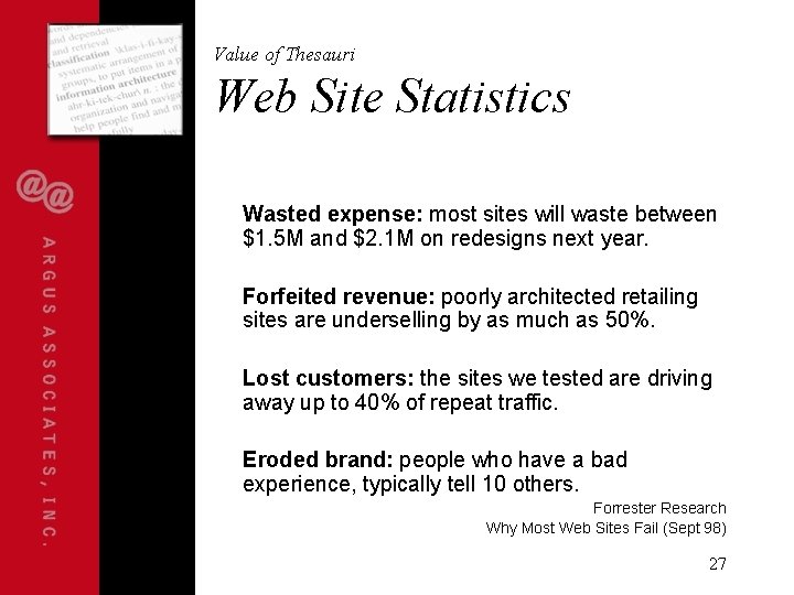 Value of Thesauri Web Site Statistics Wasted expense: most sites will waste between $1.