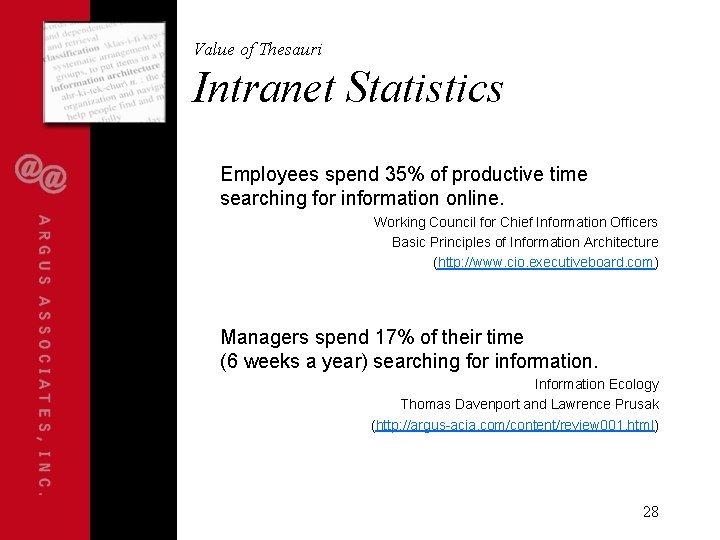 Value of Thesauri Intranet Statistics Employees spend 35% of productive time searching for information