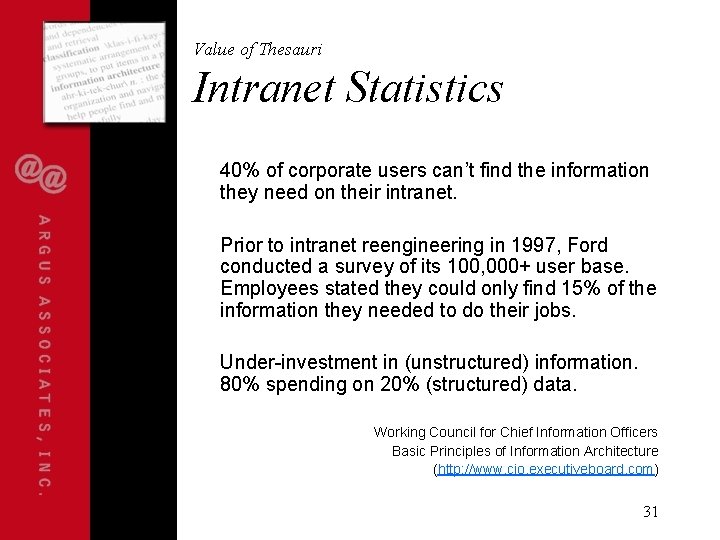 Value of Thesauri Intranet Statistics 40% of corporate users can’t find the information they