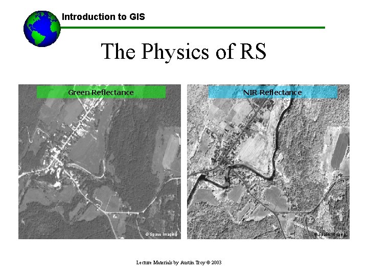 Introduction to GIS The Physics of RS Green Reflectance NIR Reflectance © Space Imaging