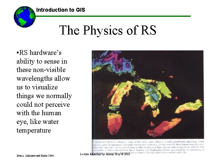 Introduction to GIS The Physics of RS • RS hardware’s ability to sense in