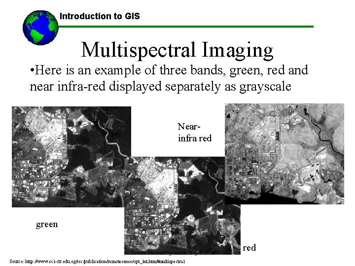 Introduction to GIS Multispectral Imaging • Here is an example of three bands, green,