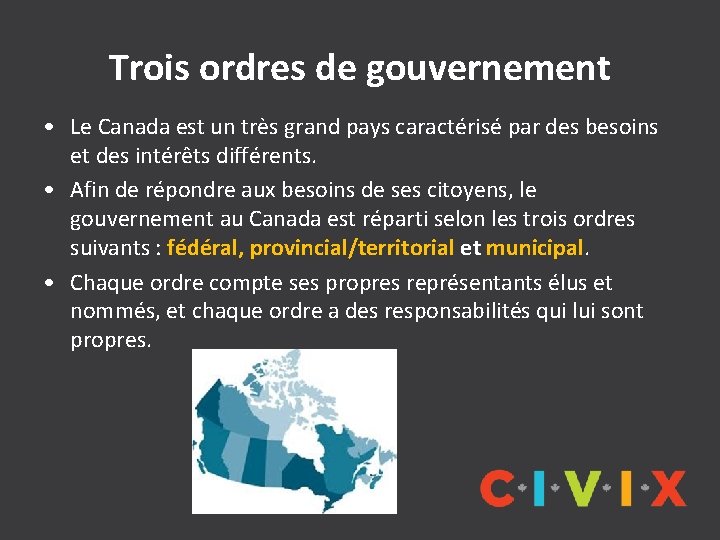 Trois ordres de gouvernement • Le Canada est un très grand pays caractérisé par Trois ordres de gouvernement • Le Canada est un très grand pays caractérisé par