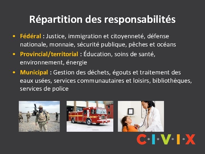 Répartition des responsabilités • Fédéral : Justice, immigration et citoyenneté, défense nationale, monnaie, sécurité