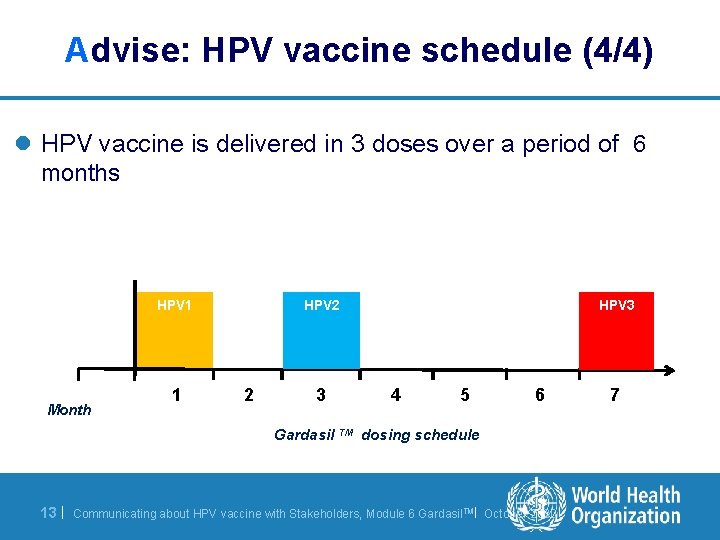 Advise: HPV vaccine schedule (4/4) l HPV vaccine is delivered in 3 doses over