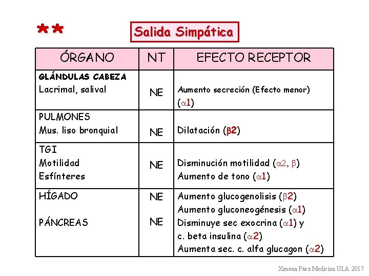 ** ÓRGANO Salida Simpática NT EFECTO RECEPTOR NE Aumento secreción (Efecto menor) NE Dilatación