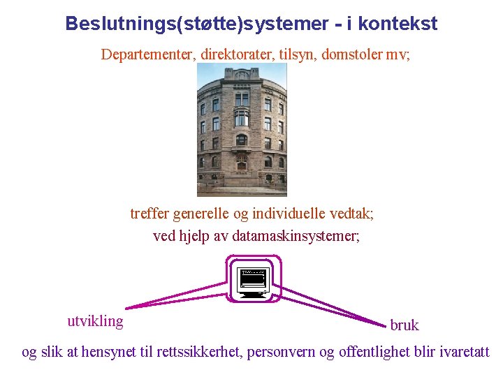 Beslutnings(støtte)systemer - i kontekst Departementer, direktorater, tilsyn, domstoler mv; treffer generelle og individuelle vedtak;