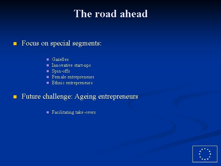 The road ahead n Focus on special segments: n n n Gazelles Innovative start-ups