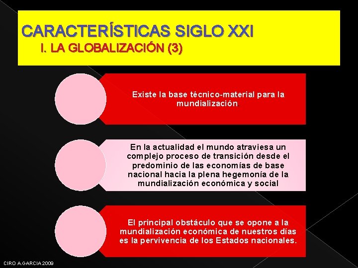 CARACTERÍSTICAS SIGLO XXI I. LA GLOBALIZACIÓN (3) Existe la base técnico-material para la mundialización.