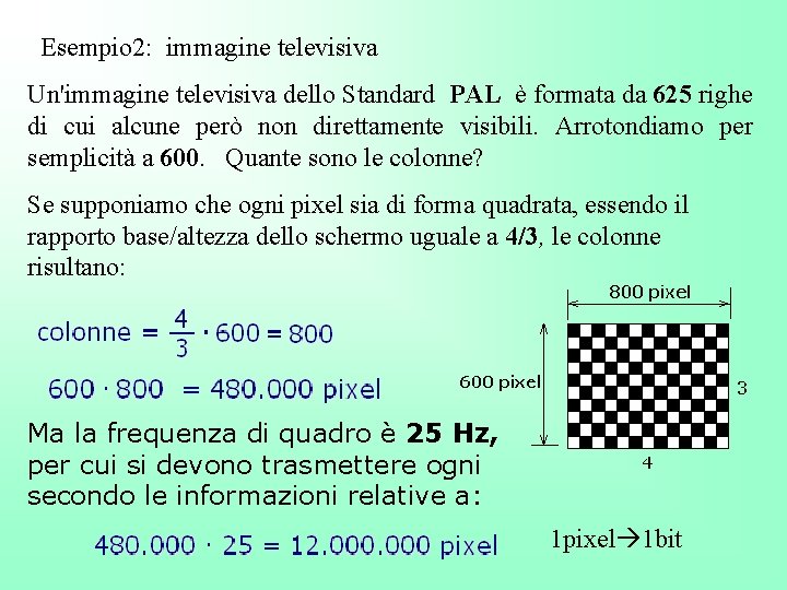  Esempio 2: immagine televisiva Un'immagine televisiva dello Standard PAL è formata da 625