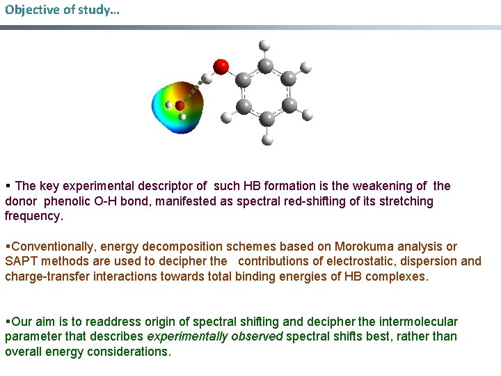 Objective of study… § The key experimental descriptor of such HB formation is the