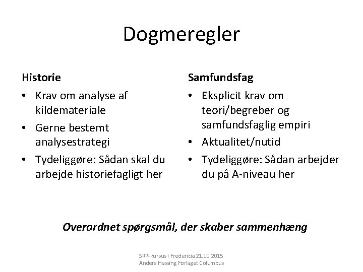 Dogmeregler Historie Samfundsfag • Krav om analyse af kildemateriale • Gerne bestemt analysestrategi •