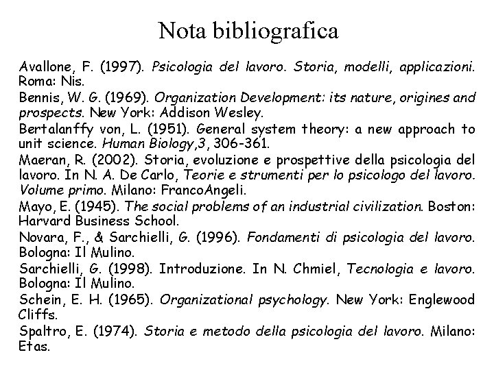 Nota bibliografica Avallone, F. (1997). Psicologia del lavoro. Storia, modelli, applicazioni. Roma: Nis. Bennis, Nota bibliografica Avallone, F. (1997). Psicologia del lavoro. Storia, modelli, applicazioni. Roma: Nis. Bennis,