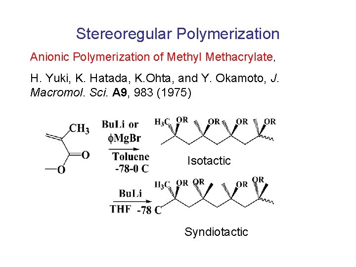 Stereoregular Polymerization Anionic Polymerization of Methyl Methacrylate, H. Yuki, K. Hatada, K. Ohta, and