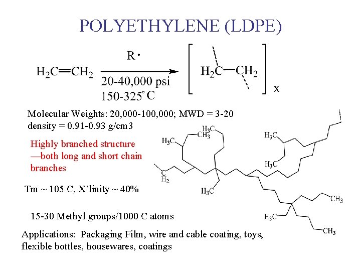 POLYETHYLENE (LDPE) Molecular Weights: 20, 000 -100, 000; MWD = 3 -20 density =