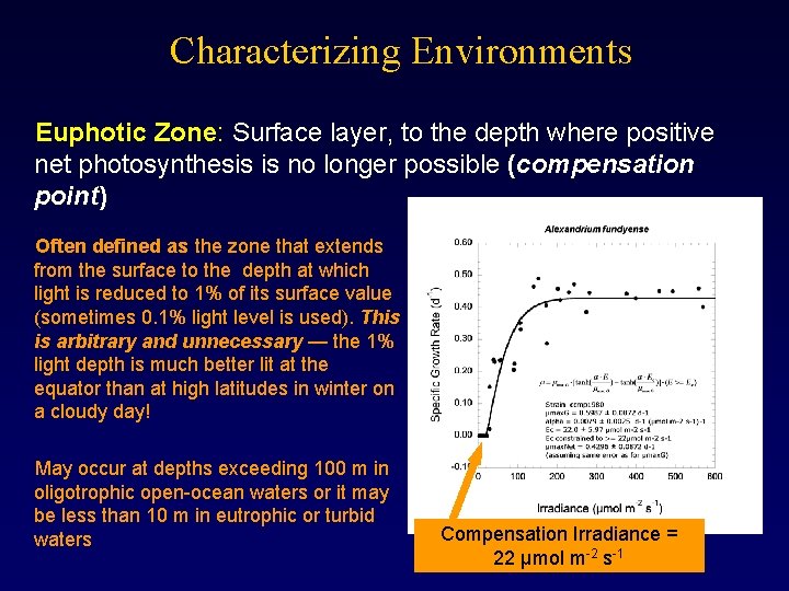 Characterizing Environments Euphotic Zone: Surface layer, to the depth where positive net photosynthesis is