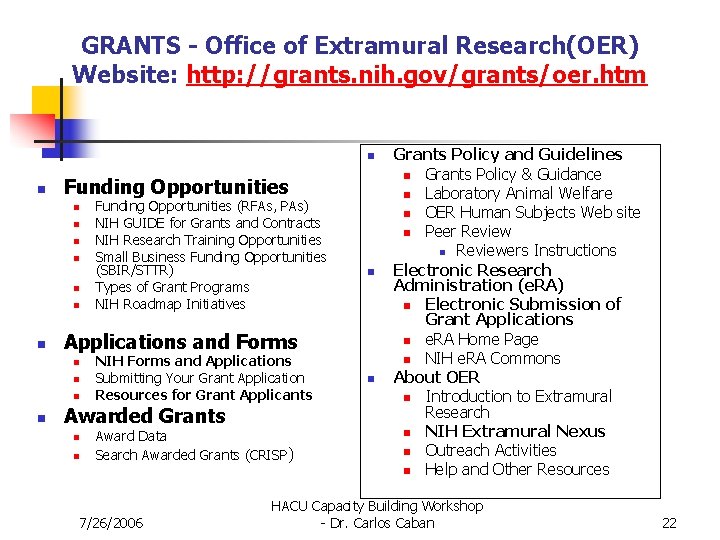 GRANTS - Office of Extramural Research(OER) Website: http: //grants. nih. gov/grants/oer. htm n n