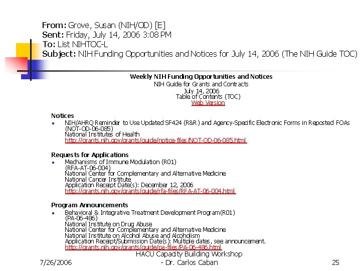 From: Grove, Susan (NIH/OD) [E] Sent: Friday, July 14, 2006 3: 08 PM To: