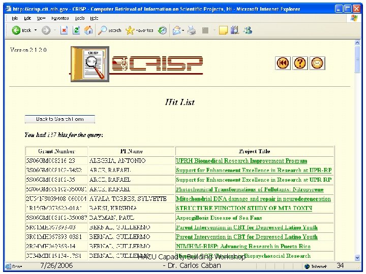 7/26/2006 HACU Capacity Building Workshop - Dr. Carlos Caban 34 