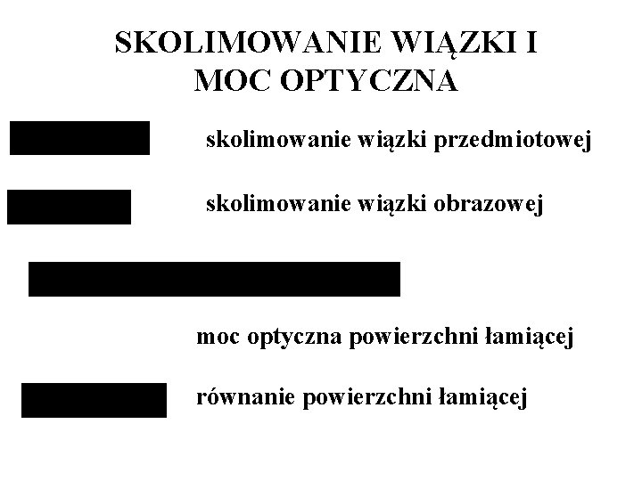 SKOLIMOWANIE WIĄZKI I MOC OPTYCZNA skolimowanie wiązki przedmiotowej skolimowanie wiązki obrazowej moc optyczna powierzchni