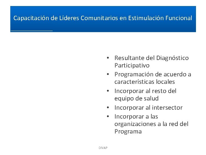 Capacitación de Líderes Comunitarios en Estimulación Funcional • Resultante del Diagnóstico Participativo • Programación