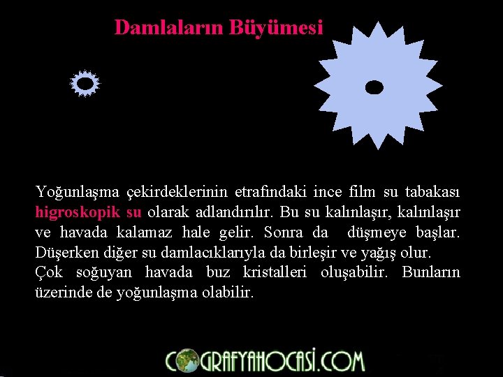 Damlaların Büyümesi Yoğunlaşma çekirdeklerinin etrafındaki ince film su tabakası higroskopik su olarak adlandırılır. Bu