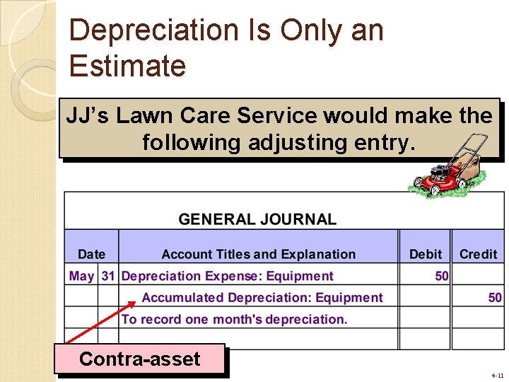 Depreciation Is Only an Estimate JJ’s Lawn Care Service would make the following adjusting Depreciation Is Only an Estimate JJ’s Lawn Care Service would make the following adjusting