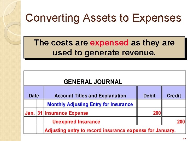 Converting Assets to Expenses The costs are expensed as they are used to generate Converting Assets to Expenses The costs are expensed as they are used to generate