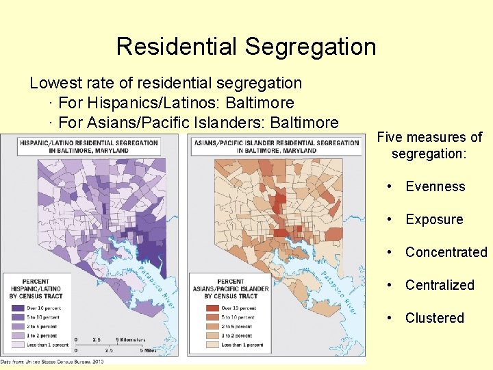 Residential Segregation Lowest rate of residential segregation · For Hispanics/Latinos: Baltimore · For Asians/Pacific