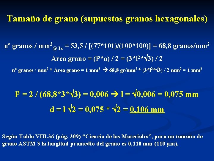 Tamaño de grano (supuestos granos hexagonales) nº granos / mm 2@ 1 x =