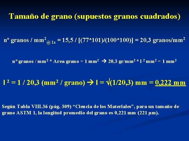 Tamaño de grano (supuestos granos cuadrados) nº granos / mm 2@ 1 x =