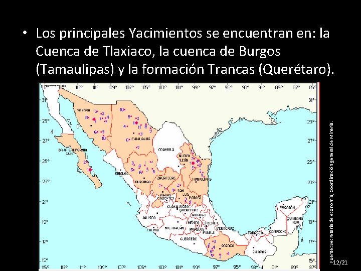 Fuente: Secretaría de economía, Coordinación general de Minería. • Los principales Yacimientos se encuentran