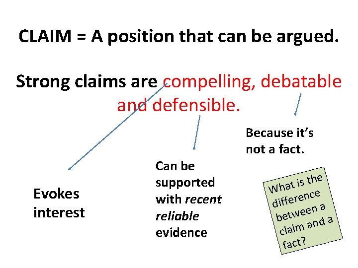 CLAIM = A position that can be argued. Strong claims are compelling, debatable and CLAIM = A position that can be argued. Strong claims are compelling, debatable and