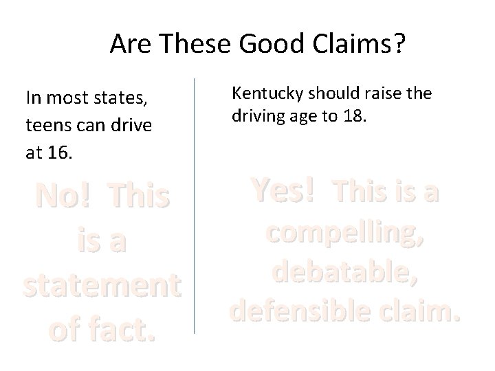 Are These Good Claims? In most states, teens can drive at 16. No! This Are These Good Claims? In most states, teens can drive at 16. No! This